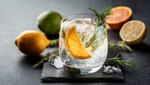 Glass of gin with a garnish surrounded by oranges and limes.
